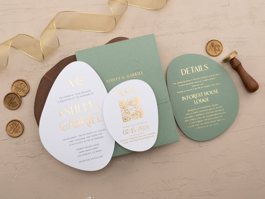 Full invitation suite with sage green details card and RSVP card with QR code