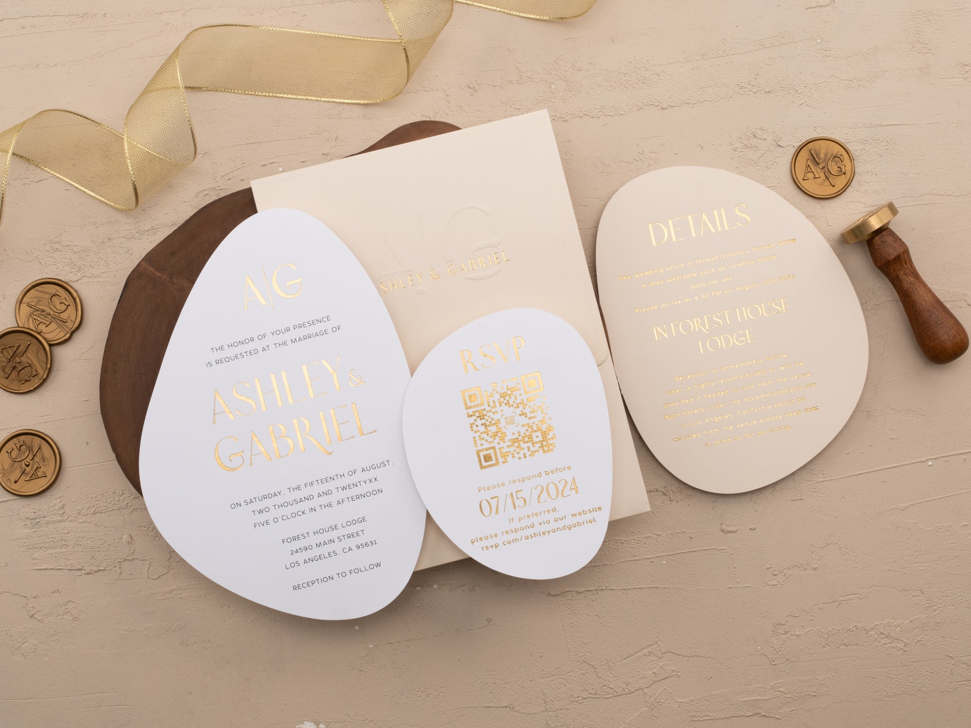 Layered view of invitation card, RSVP, and details card in ivory and gold