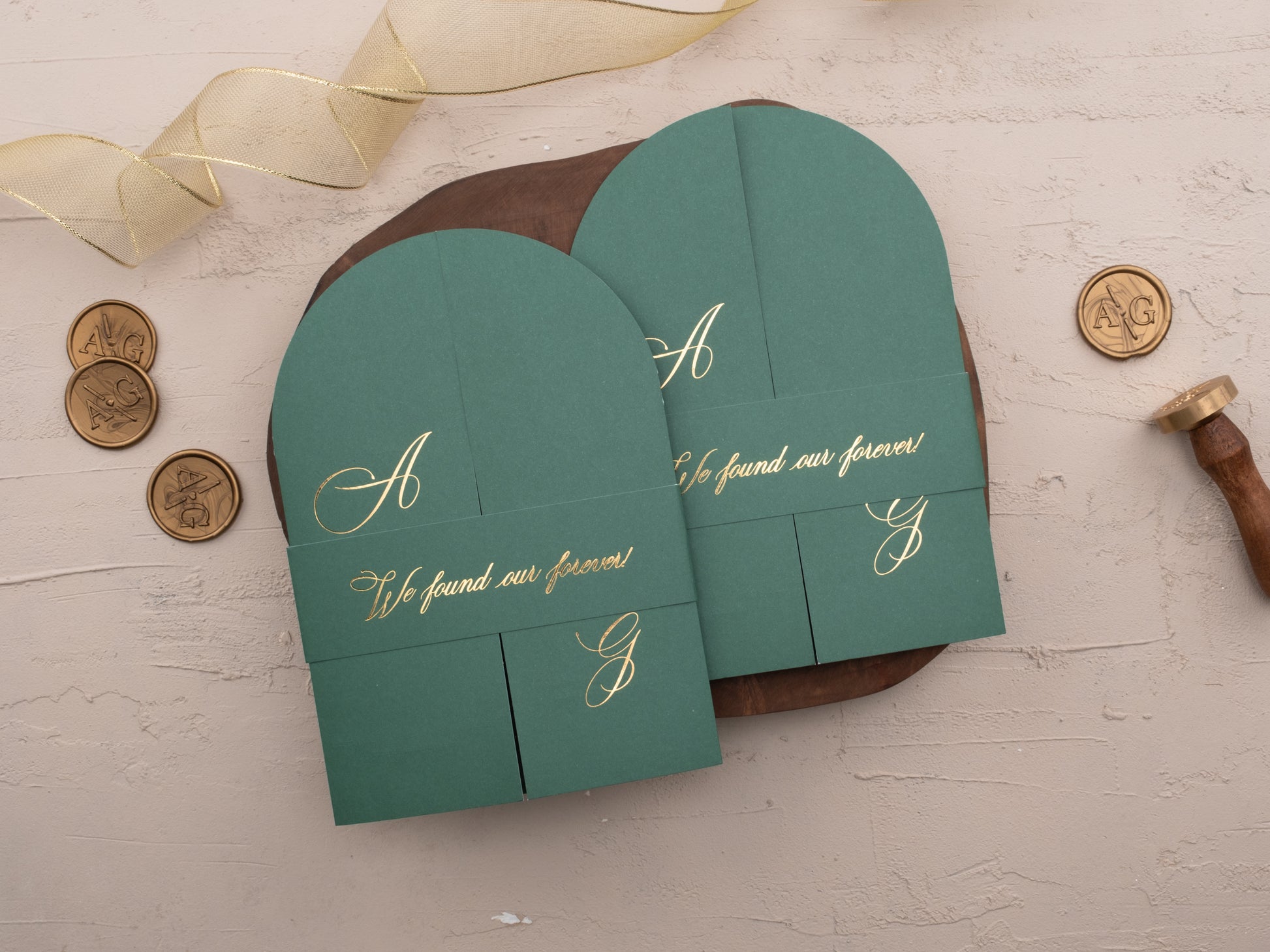 Emerald Green Arch Acrylic Wedding Invitation with Gold Foil