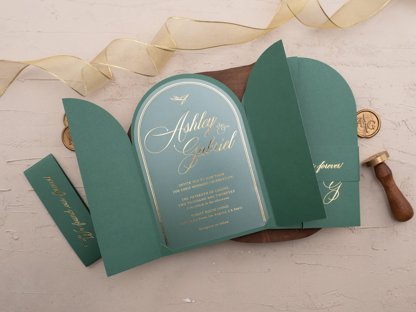 Emerald Green Arch Acrylic Wedding Invitation with Gold Foil