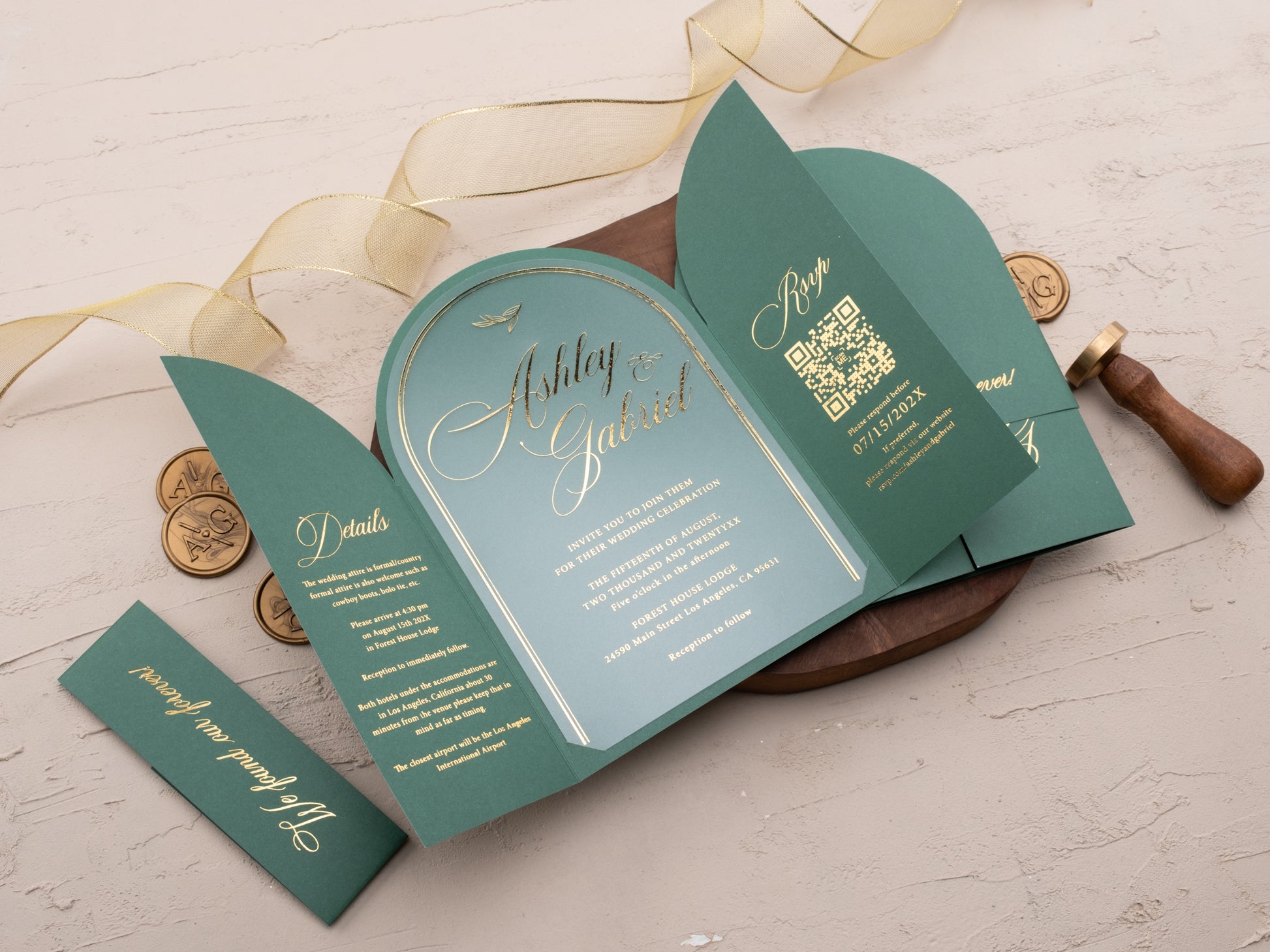 Emerald Green Arch Acrylic Wedding Invitation with Gold Foil