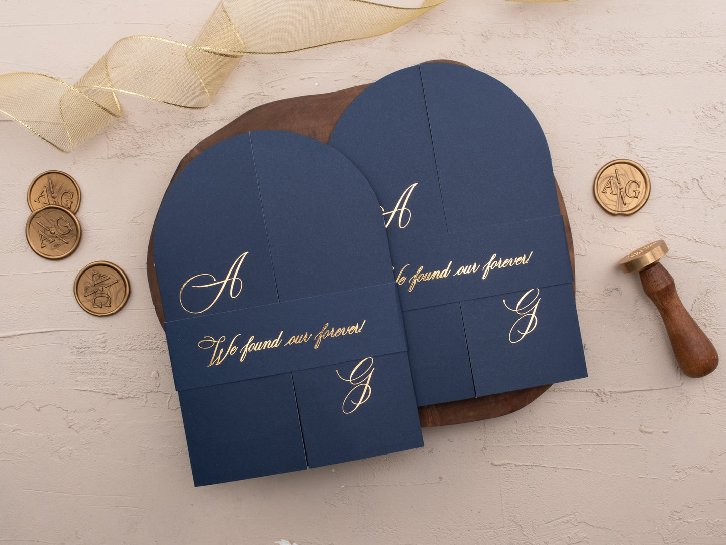 Navy Blue Arch Acrylic Wedding Invitation | Elegant Gold Foil Print