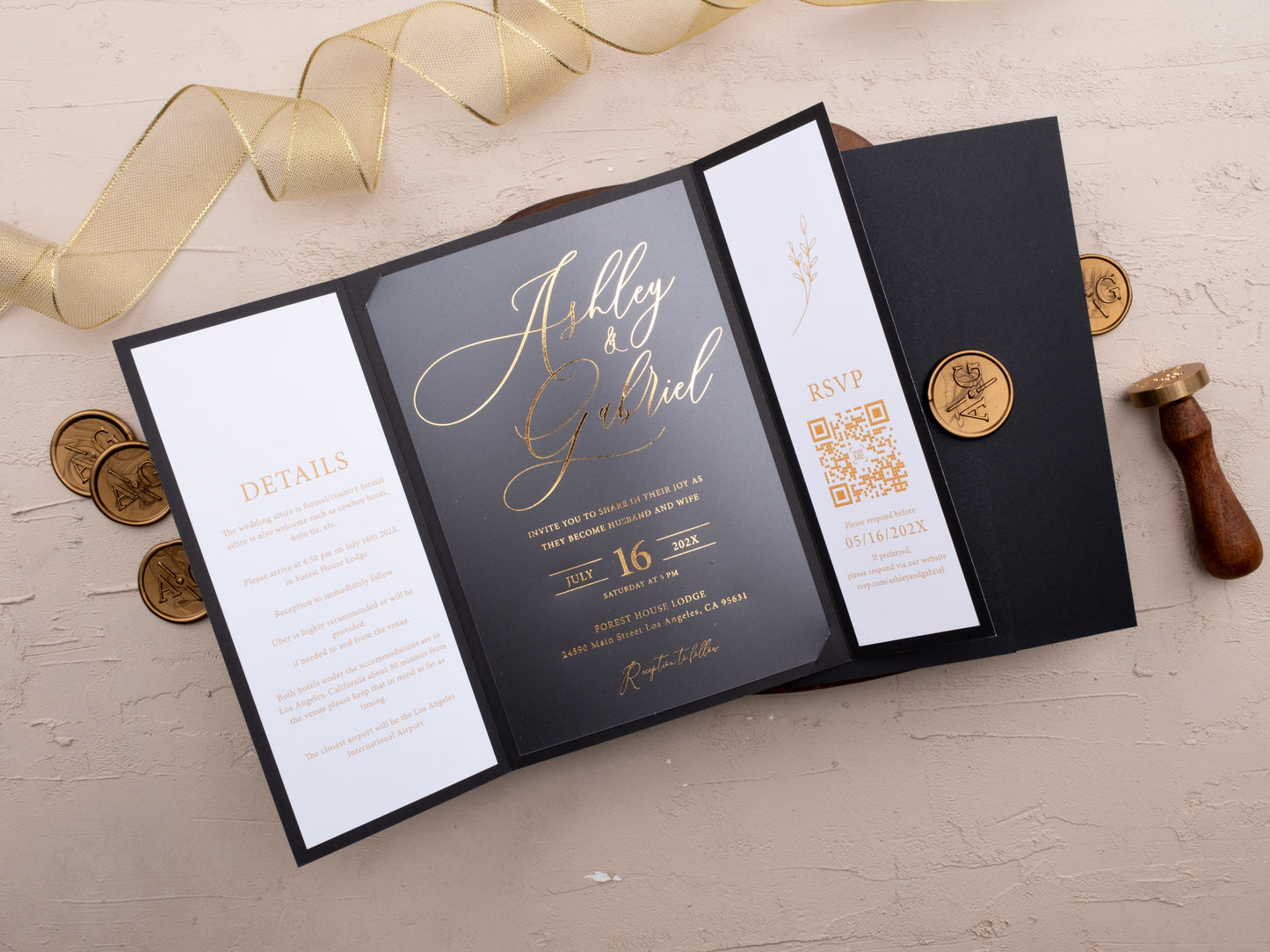 Acrylic wedding invitation inside jacket folder with gold RSVP QR