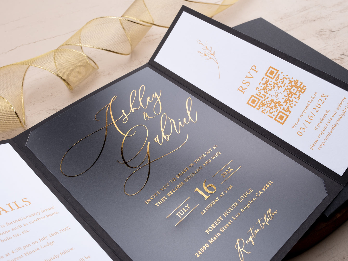Wedding invitation with jacket-style folder, RSVP panel, and details section