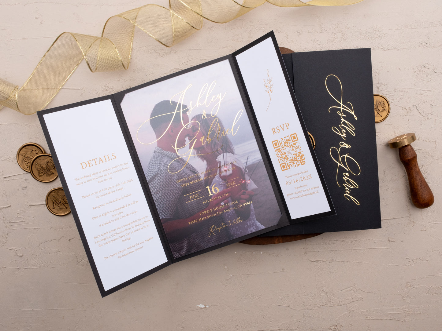 Modern wedding invitation featuring clear acrylic panel and gold foil accents