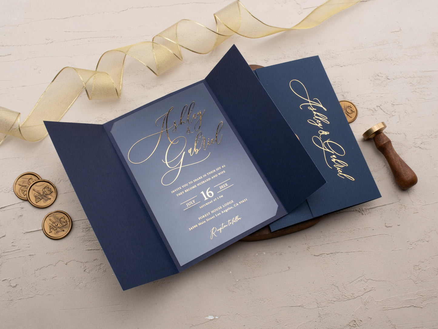 Luxury acrylic wedding invitation set in navy blue and gold