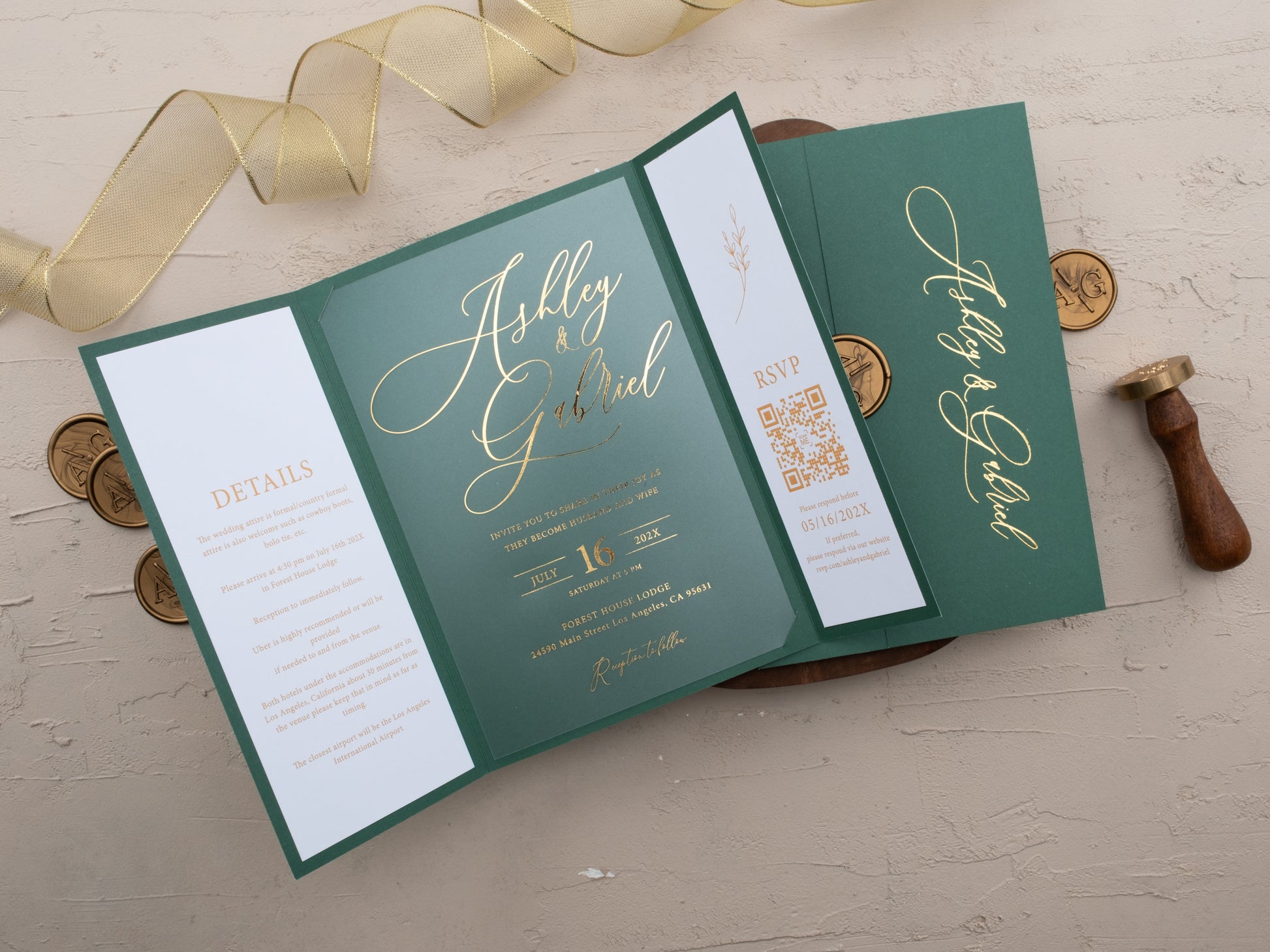 Elegant Green & Gold Foil Wedding Invitation with Wax Seal – Tri-Fold