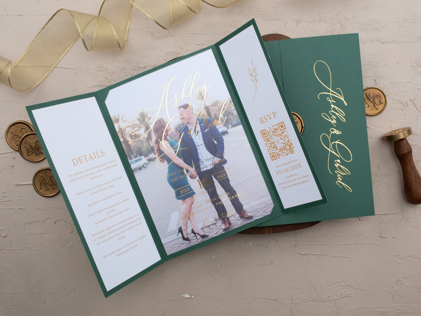 Wedding invitation with couple’s photo, RSVP QR code, and event details