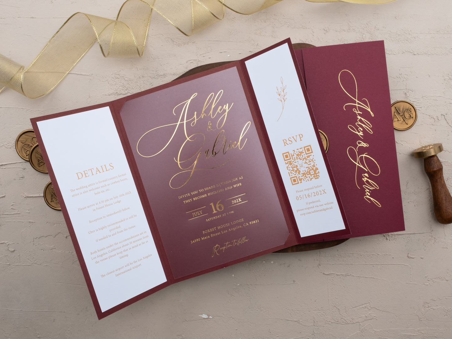 Burgundy wedding invitation with gold foil lettering and QR code