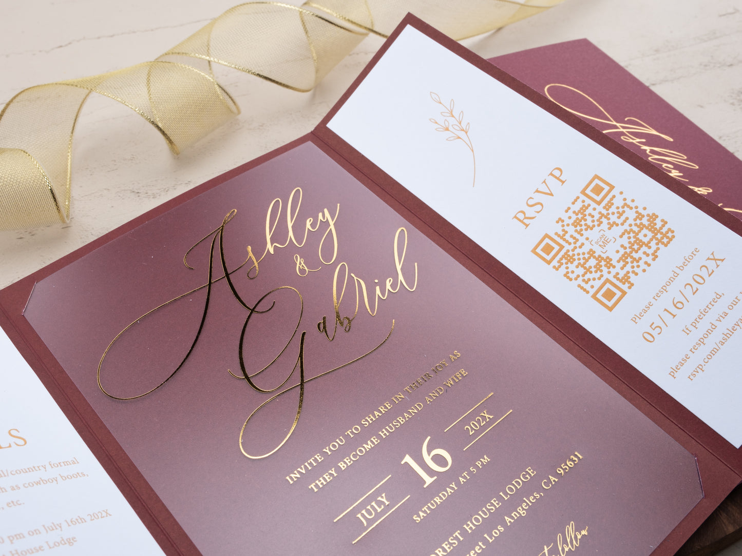 Elegant burgundy tri-fold wedding invite with RSVP panel and wax seal