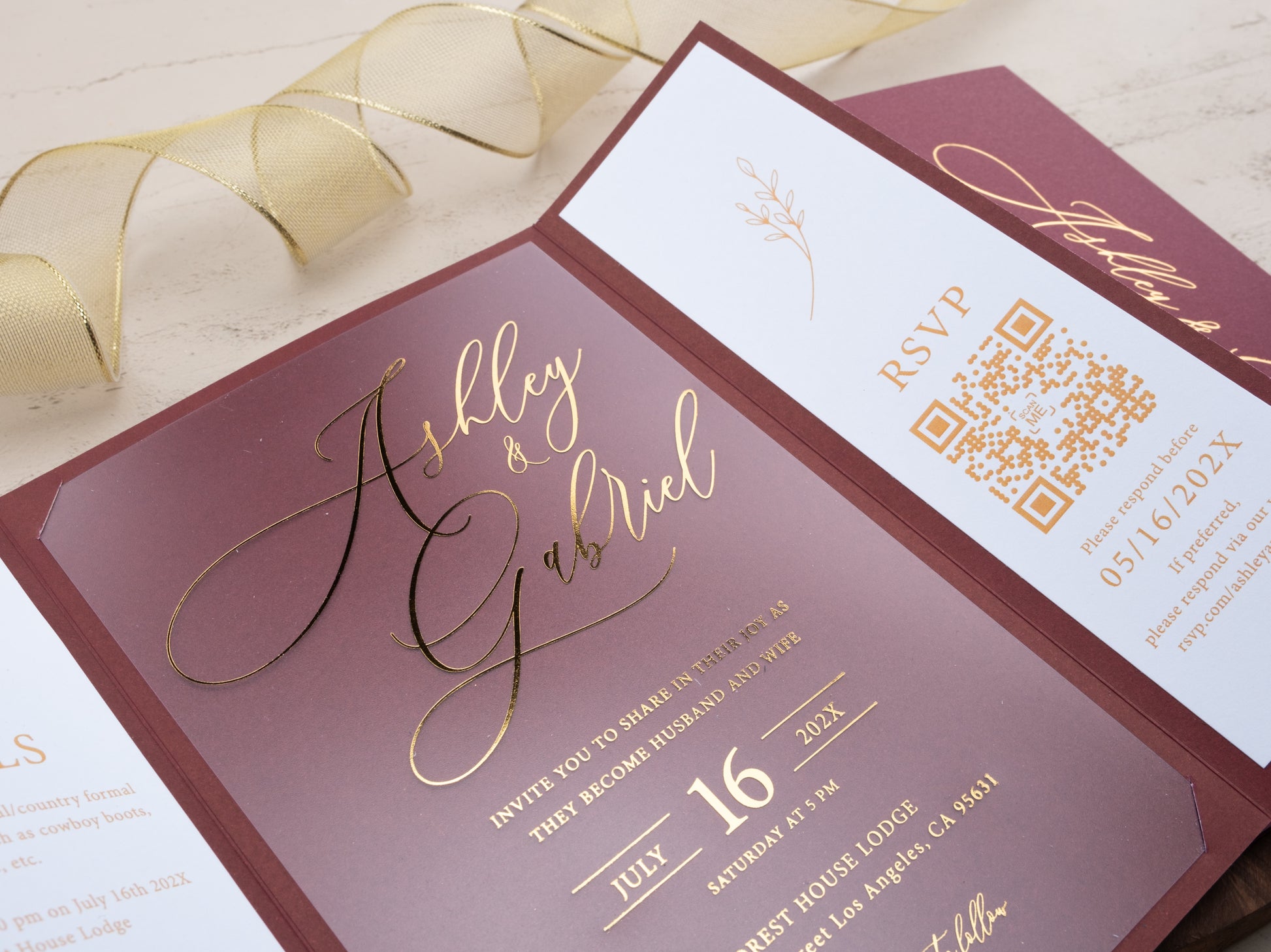 Burgundy Gold Foil Wedding Invitation with Wax Seal & RSVP QR