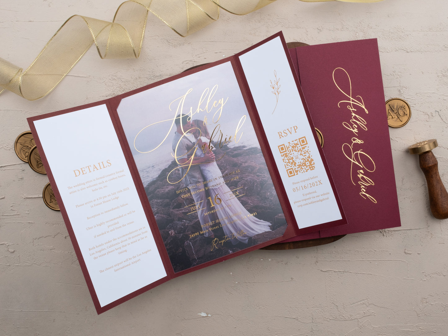 Wedding invitation featuring couple photo, RSVP QR, and gold foil design