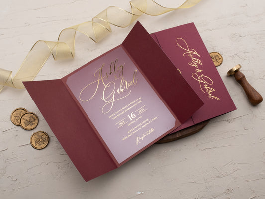 Luxury Burgundy & Gold Acrylic Wedding Invitation with Wax Seal