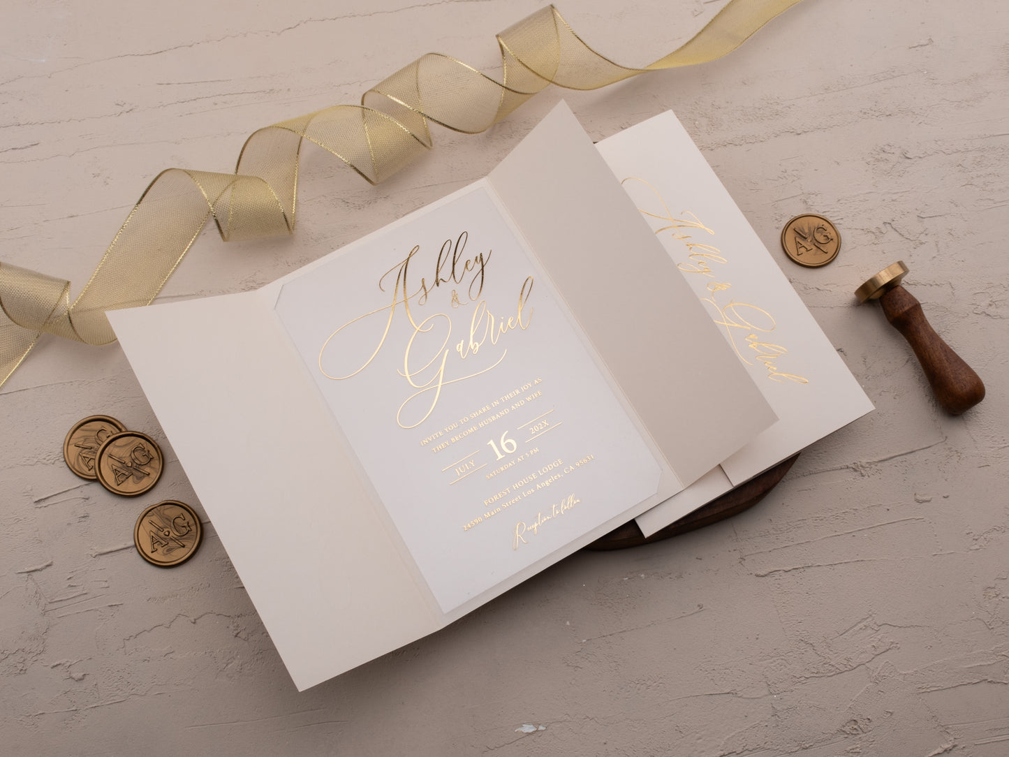 Formal ivory wedding invitation with acrylic centerpiece and RSVP panel
