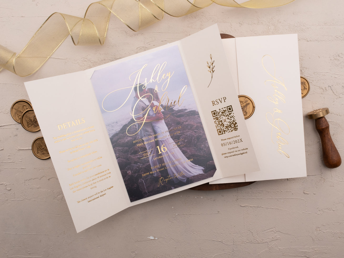 Luxury ivory tri-fold wedding invite with gold foil and photo insert