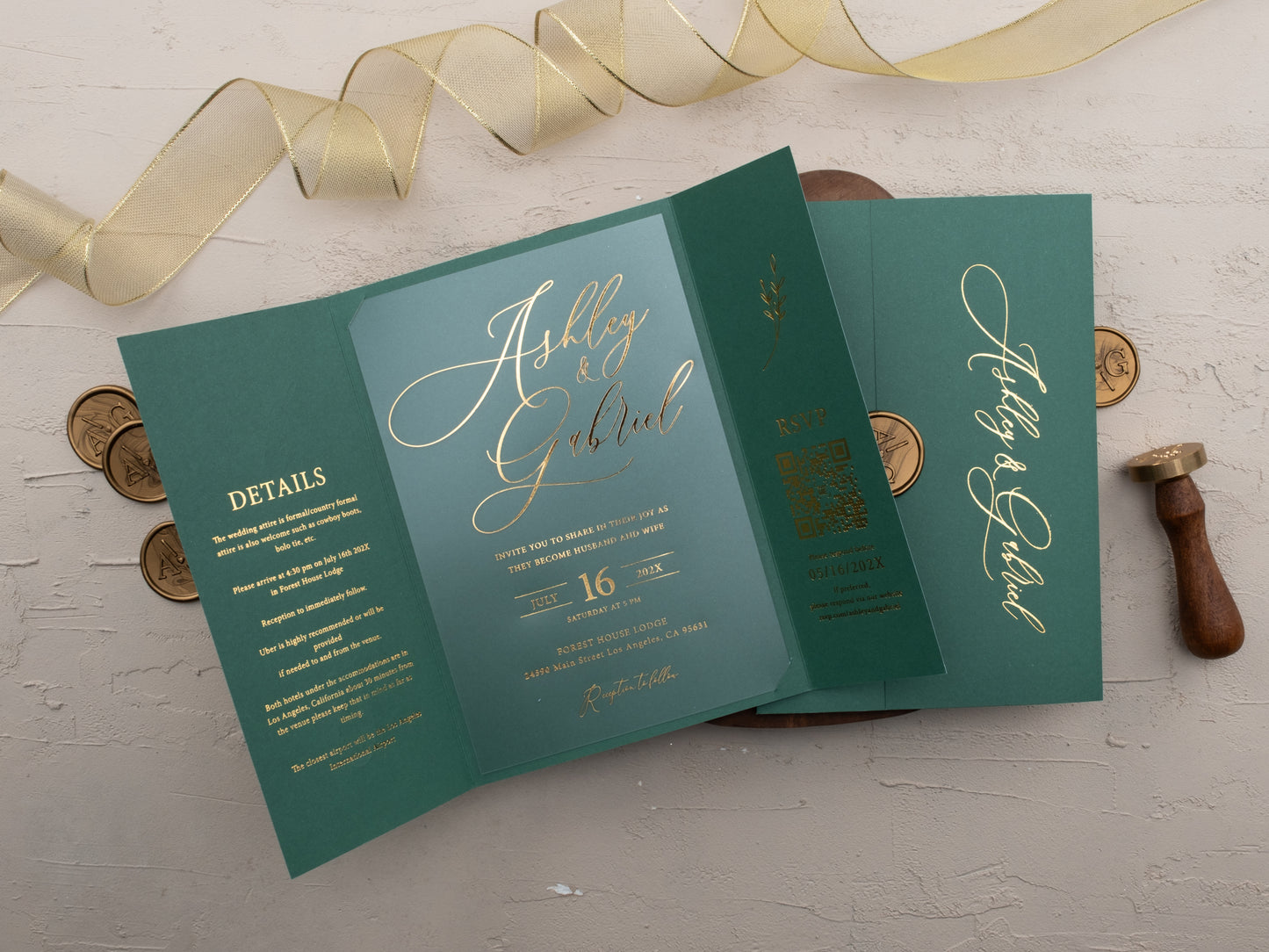 Emerald green wedding invitation with acrylic card and wax seal