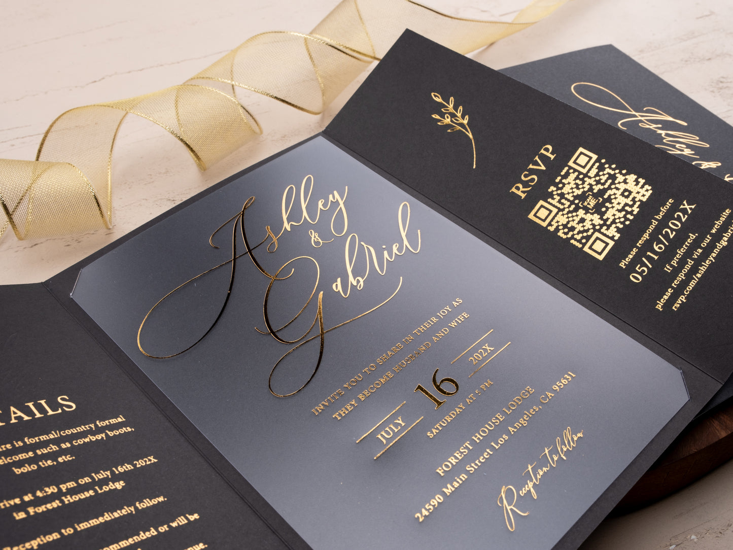 Open luxury wedding invite showing gold RSVP and wedding details