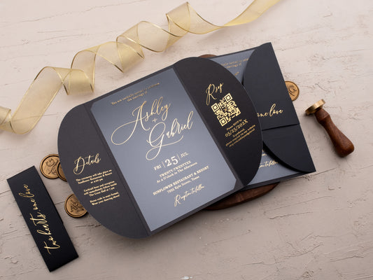 Matte Black Acrylic Wedding Invitation with Gold Foil – Elegant Modern Design