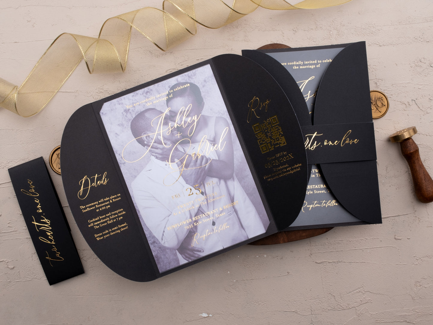 Luxury wedding invitation suite in black with foil-stamped RSVP and details panels