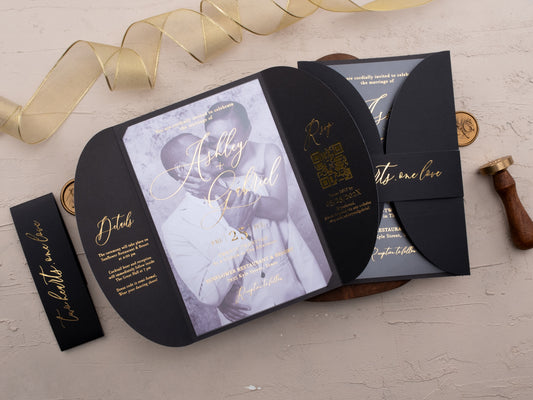 Matte Black Acrylic Wedding Invitation with Gold Foil – Elegant Modern Design