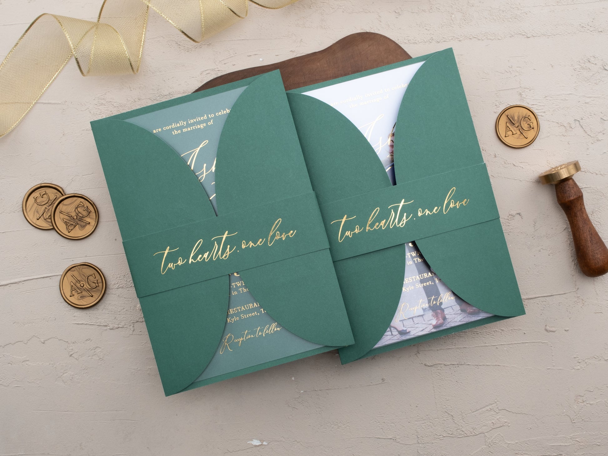 Emerald Green Acrylic Wedding Invitation with Gold Foil & Jacket