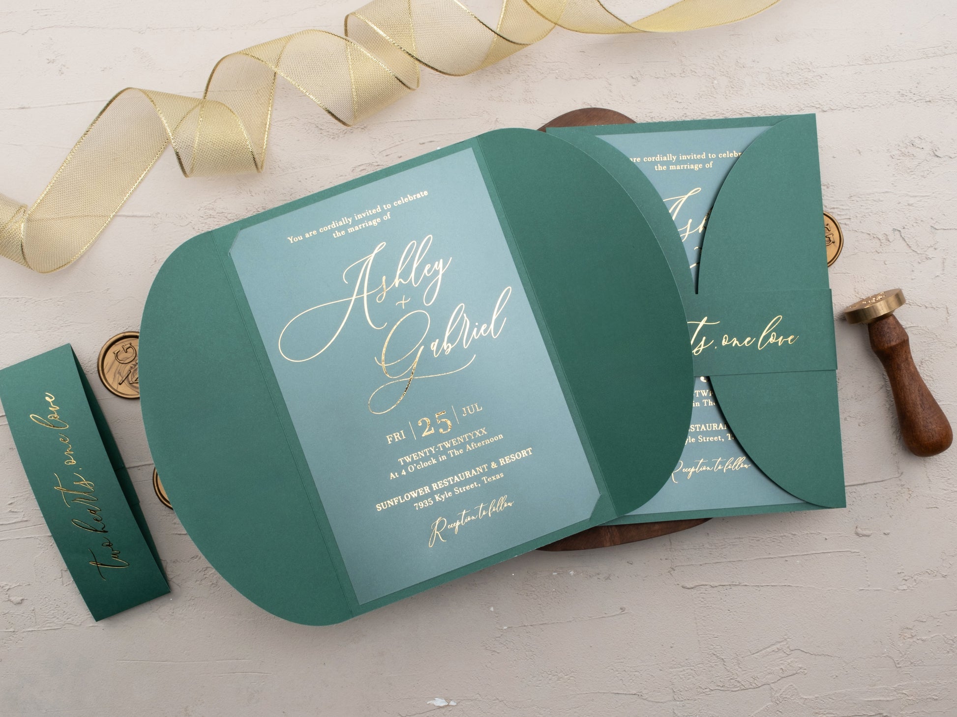 Emerald Green Acrylic Wedding Invitation with Gold Foil & Jacket