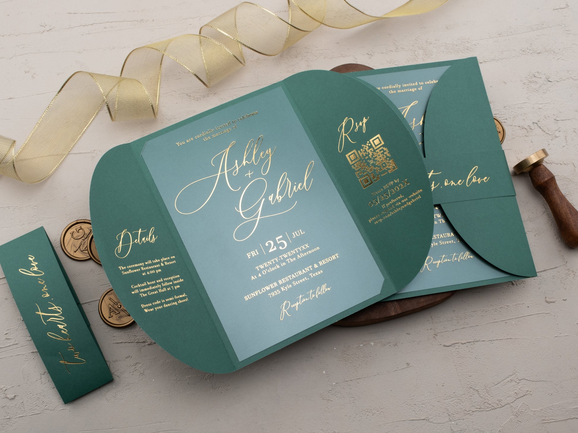 Emerald Green Acrylic Wedding Invitation with Gold Foil & Jacket