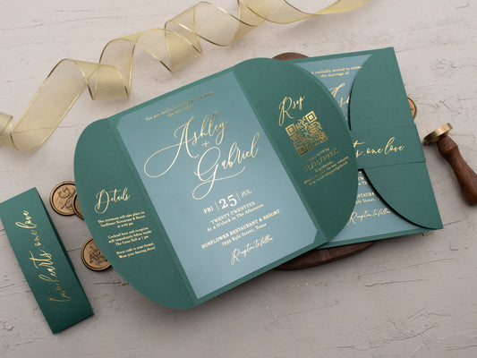 Emerald Green Acrylic Wedding Invitation with Gold Foil & Jacket