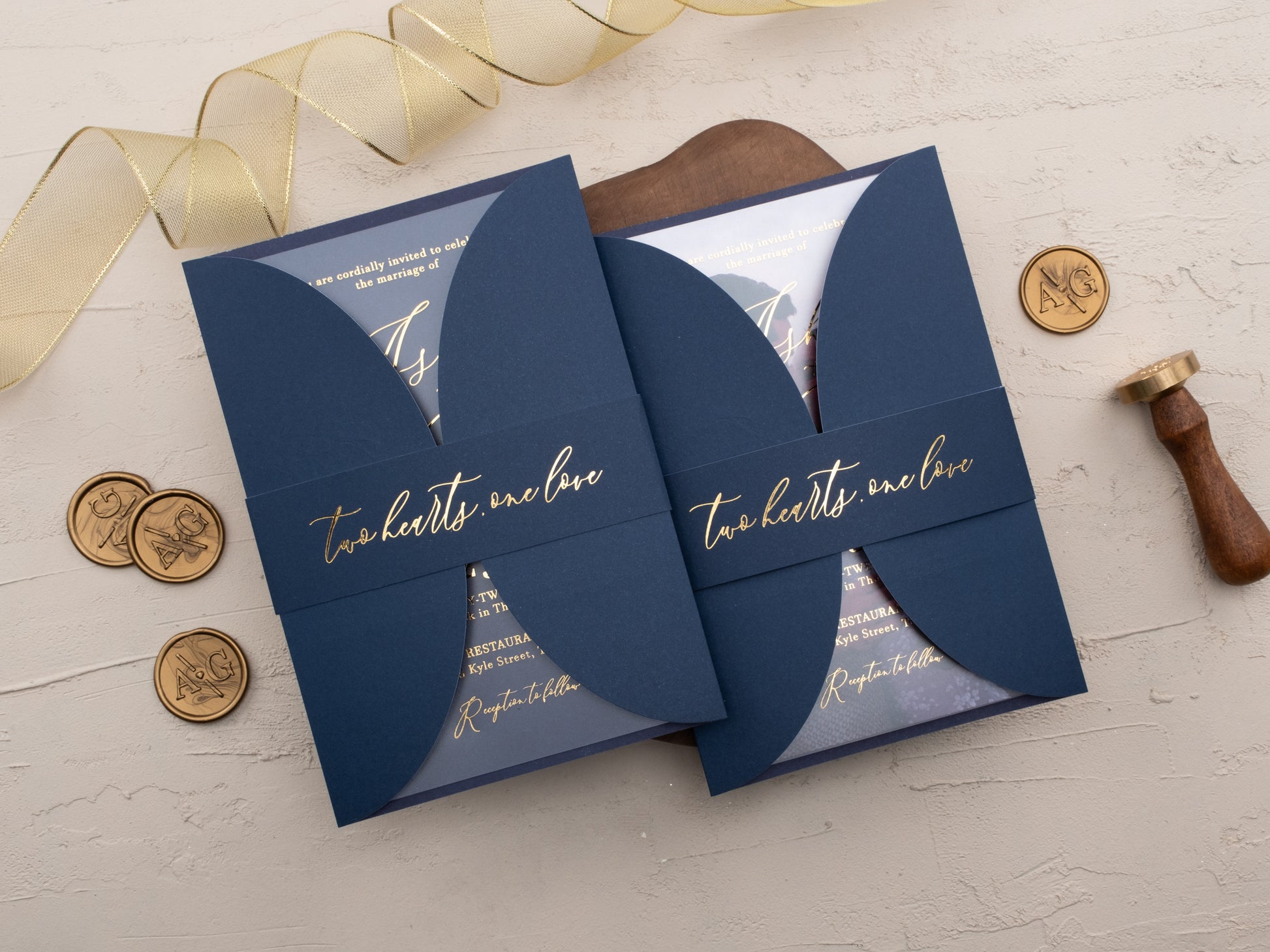 Navy Acrylic Wedding Invitation with Gold Foil & Curved Jacket