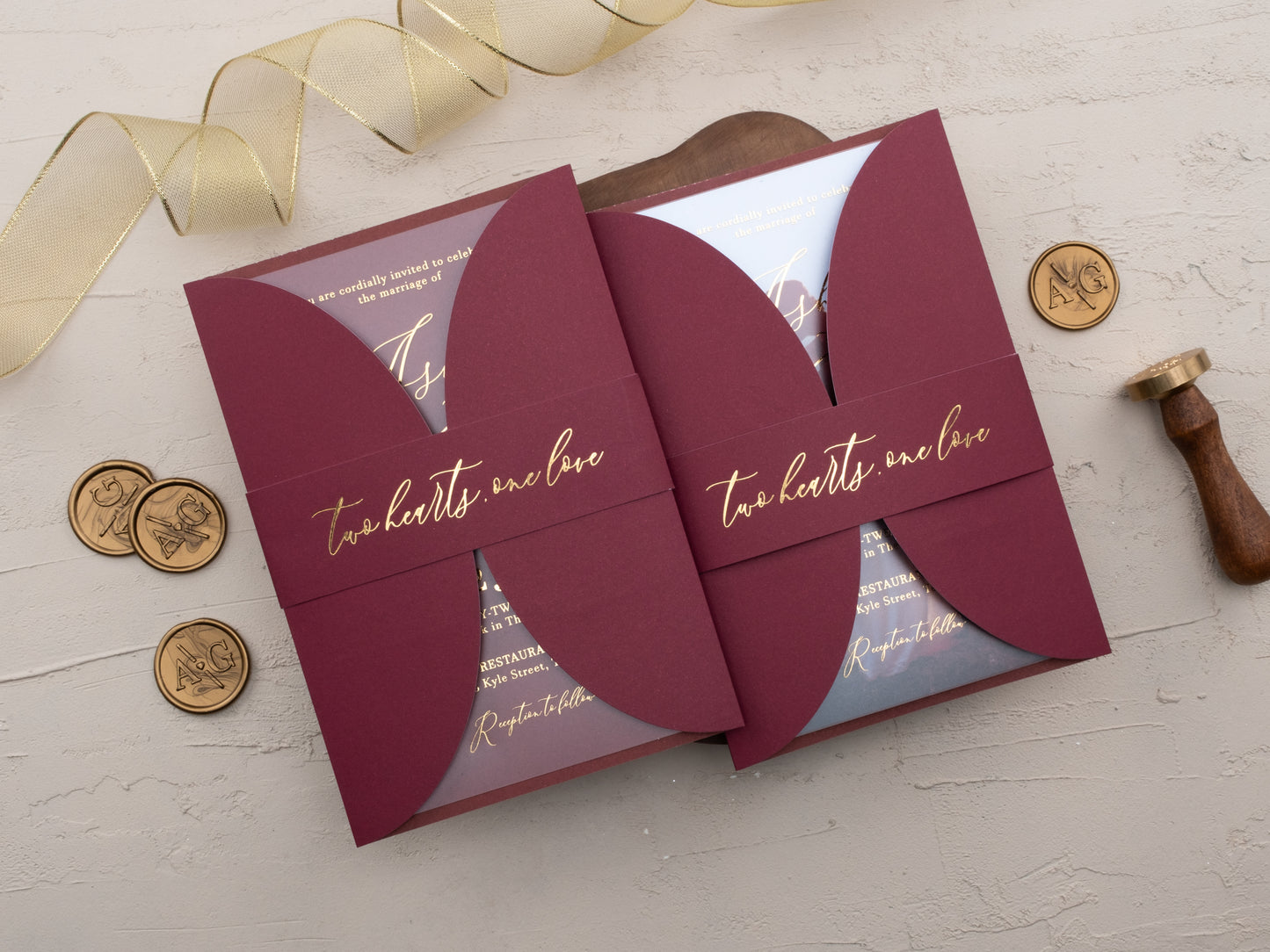 Burgundy Acrylic Wedding Invitation with Gold Foil & Jacket