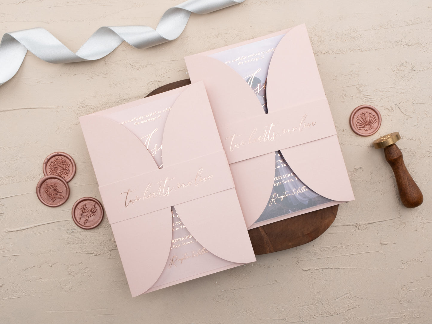 Acrylic Blush Pink Wedding Invitation with Rose Gold Foil & Jacket