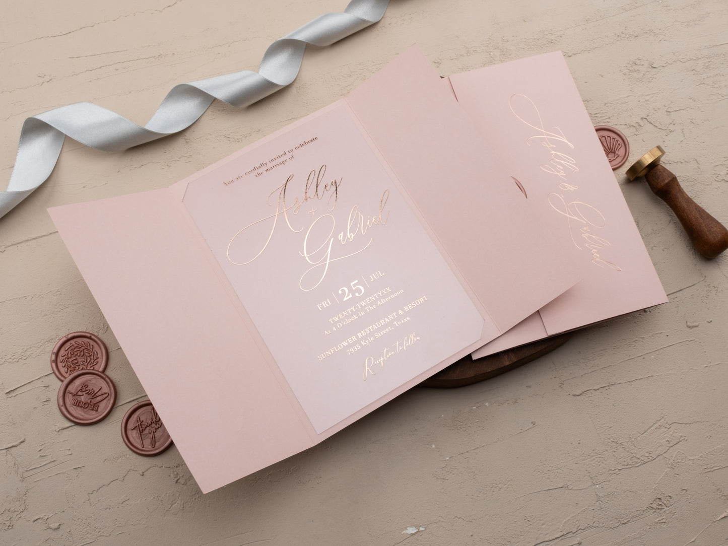 Romantic acrylic wedding invitation in blush and rose gold