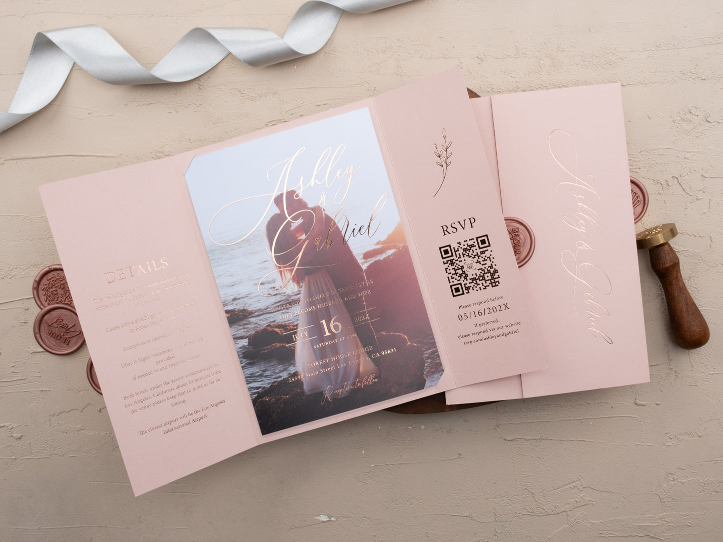 Elegant blush pink wedding suite with photo insert and foil details