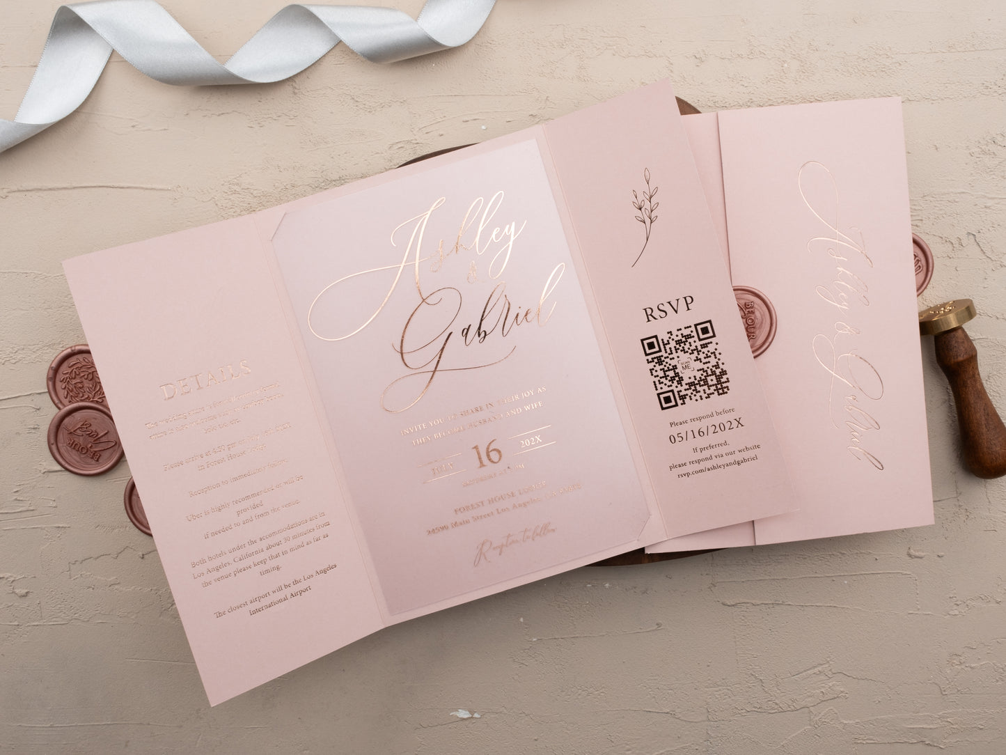Blush pink wedding invitation with acrylic card and rose gold foil