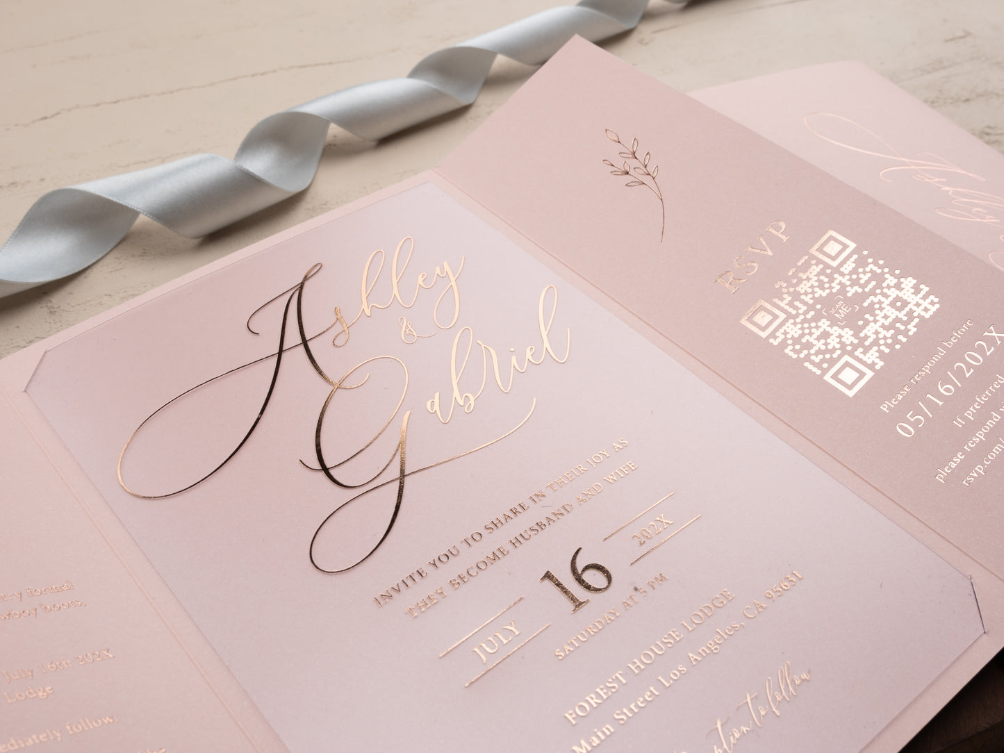 Luxury tri-fold blush invitation with wax seal and RSVP QR code
