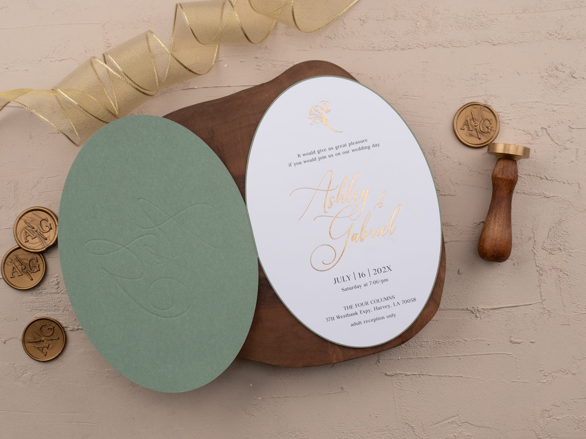 Sage green and gold wedding invitation suite with RSVP and details cards