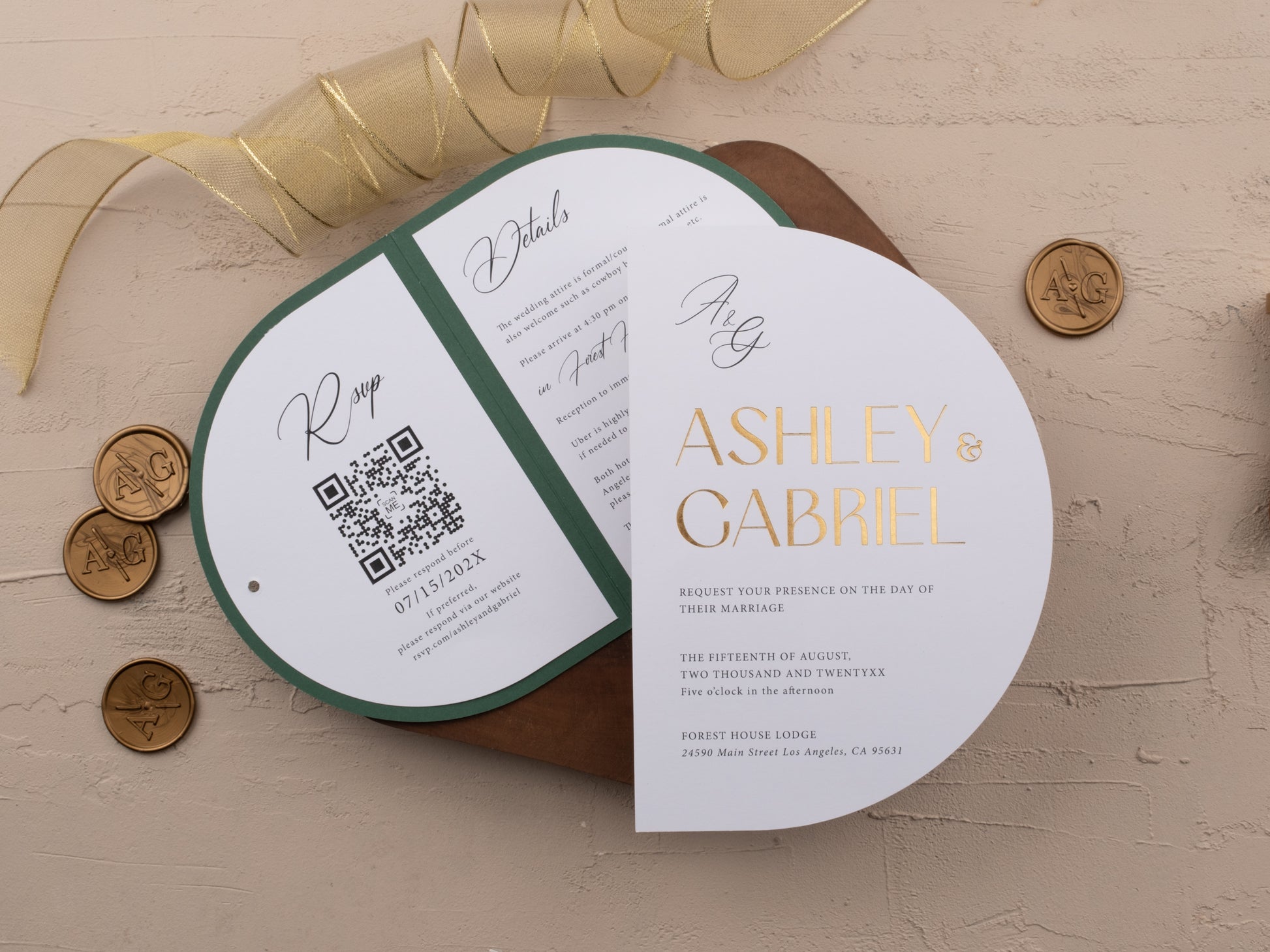 Emerald green wedding invitation with Rsvp and Details