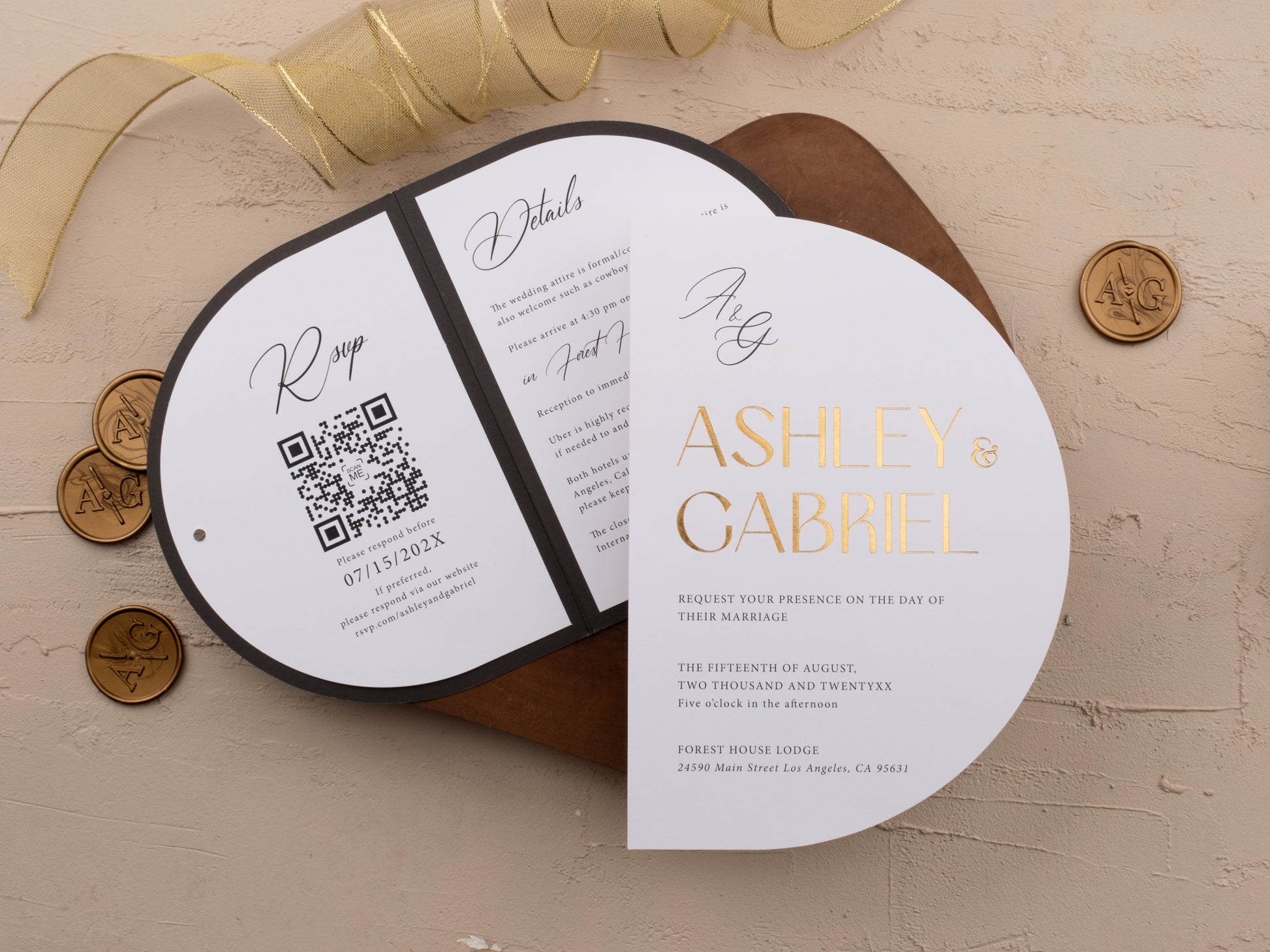Black and gold wedding invitation with modern arch design, gold foil print, QR code RSVP set