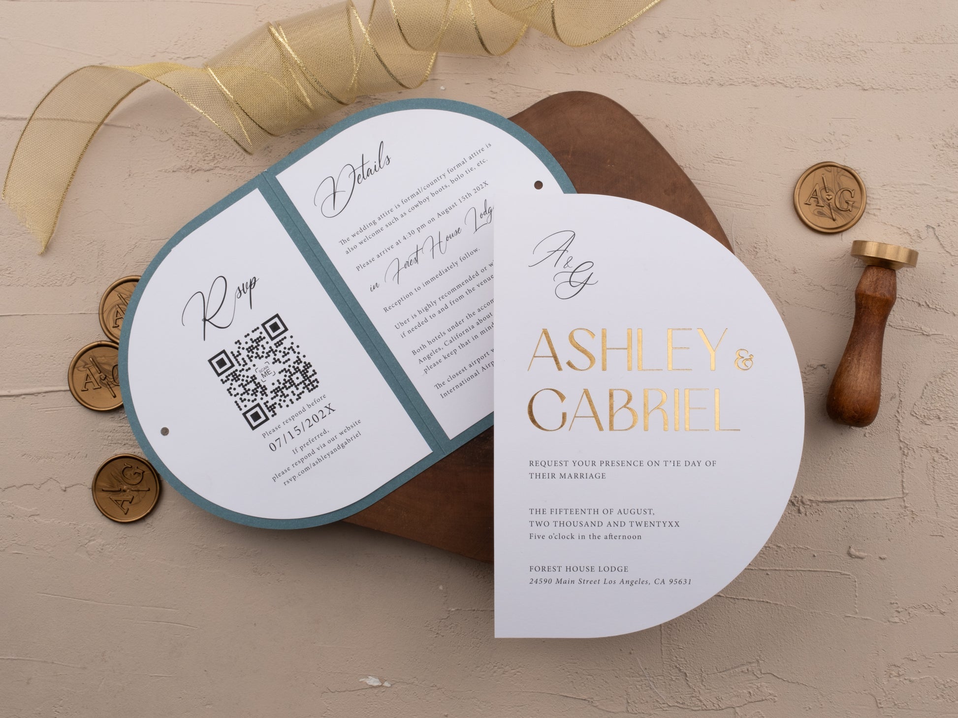 Dusty blue wedding invitation with gold foil print with Rsvp and Details Print