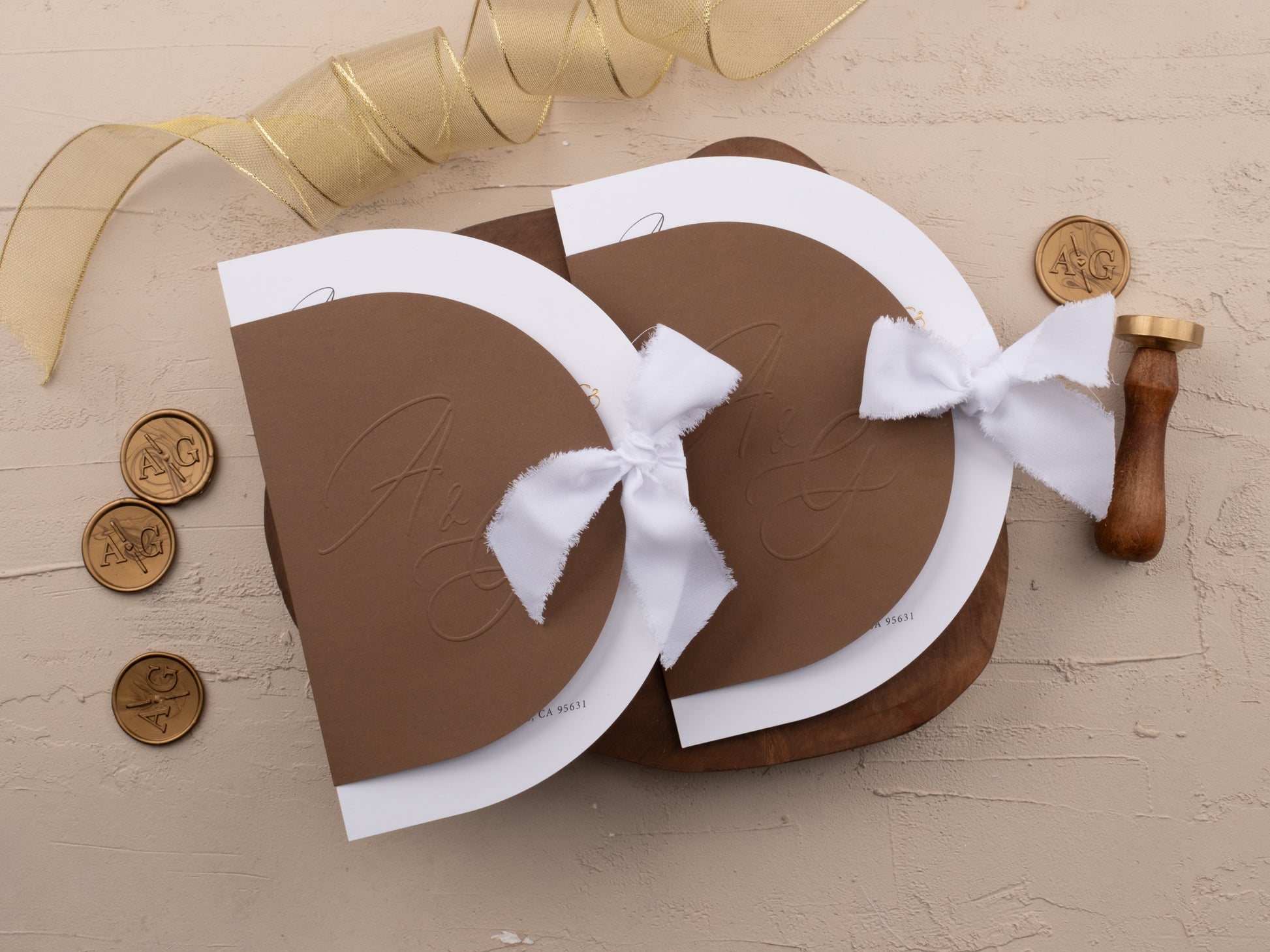 Modern brown wedding invitation with Embossed Cover