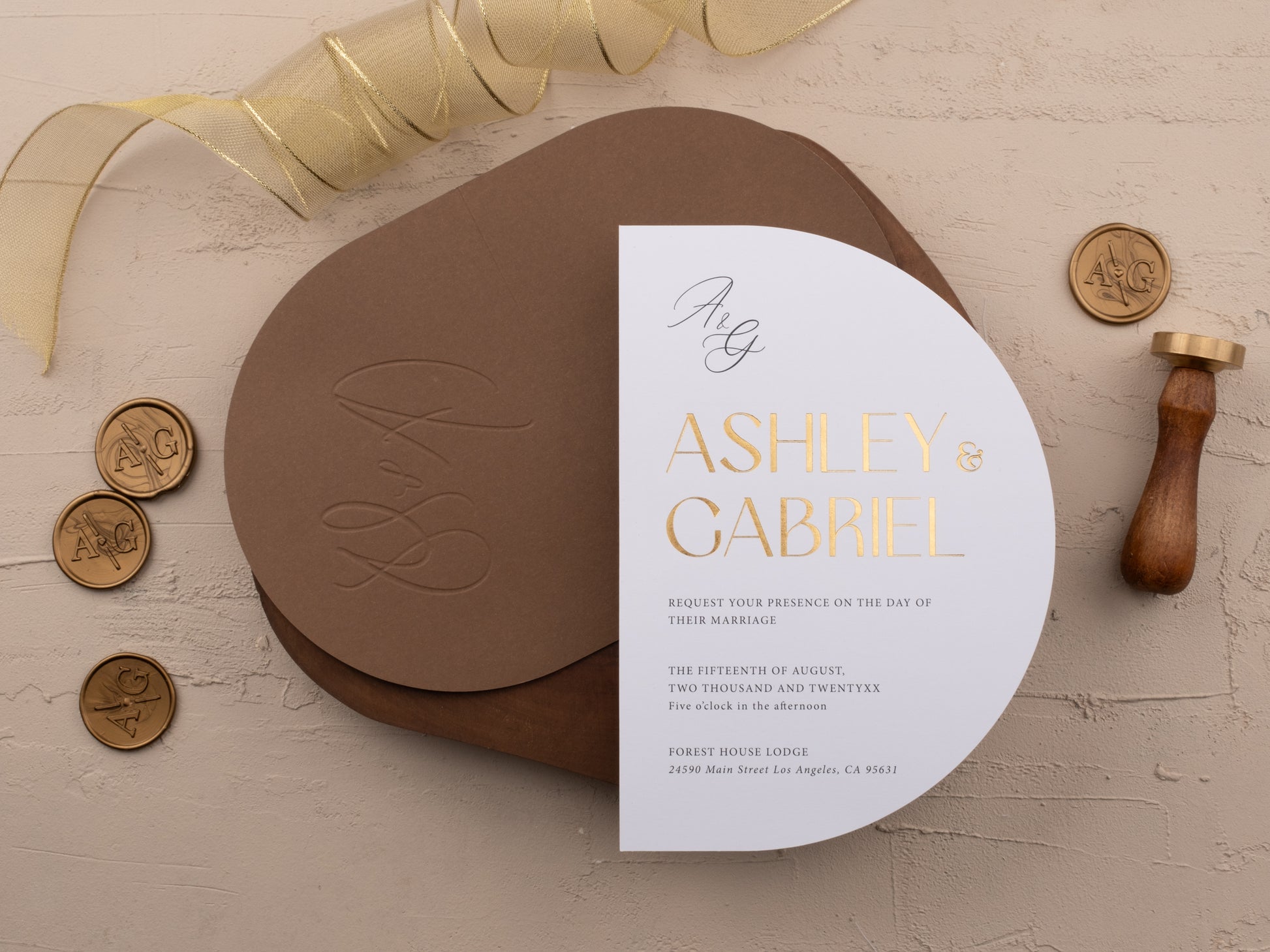 Modern brown wedding invitation with gold foil arch design