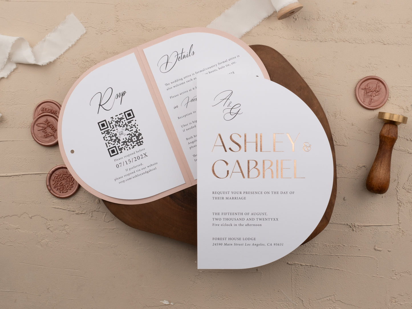 Blush pink wedding invitation with Rsvp and Details
