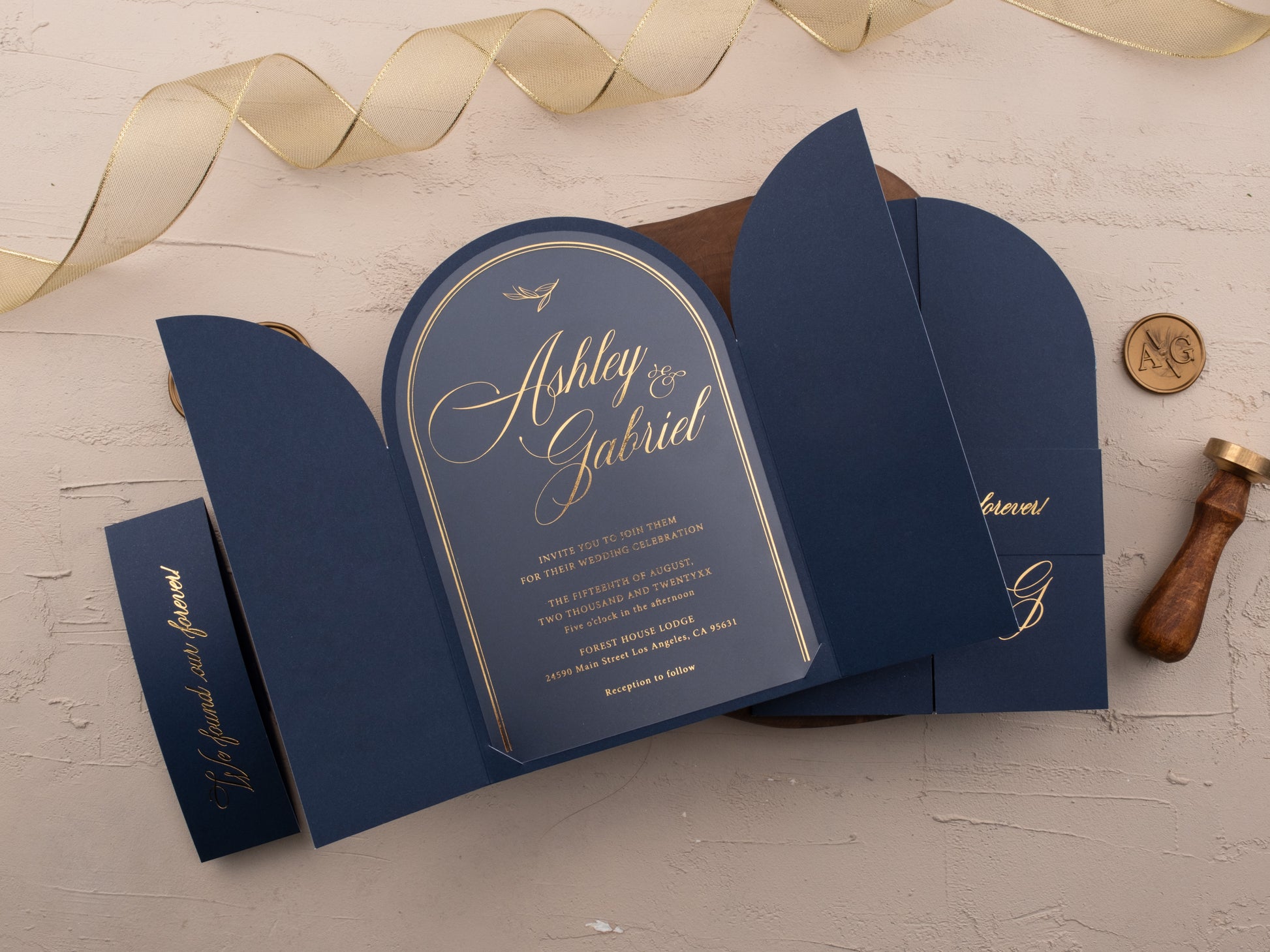 Navy Blue Arch Acrylic Wedding Invitation | Elegant Gold Foil Print