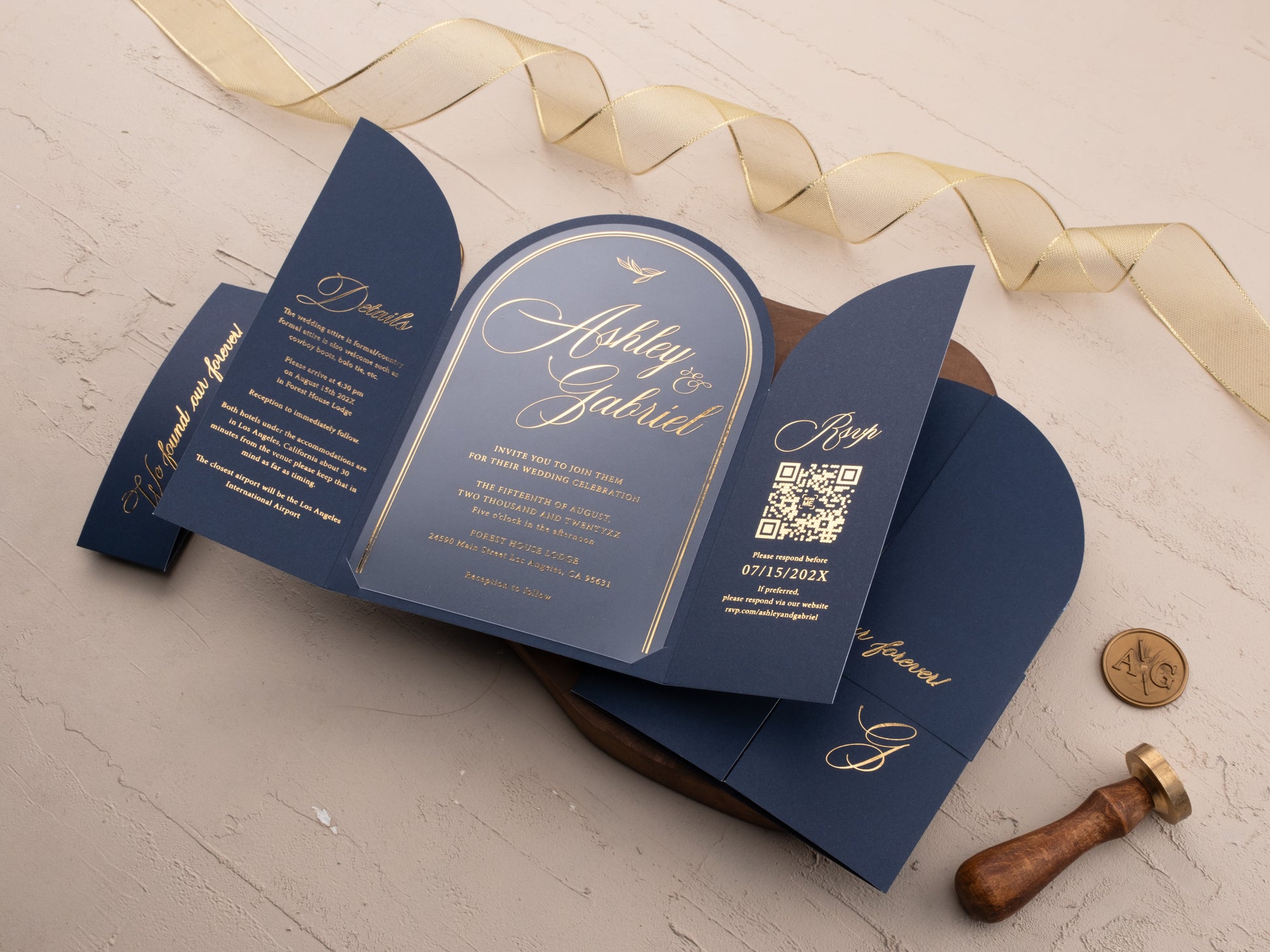 Navy Blue Arch Acrylic Wedding Invitation | Elegant Gold Foil Print