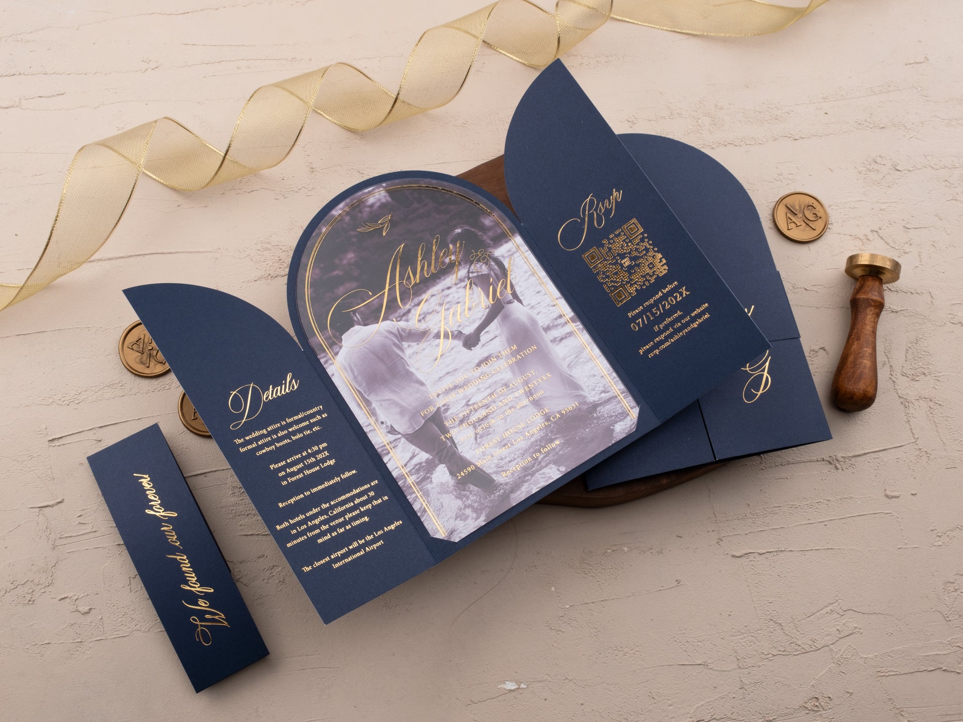 Navy Blue Arch Acrylic Wedding Invitation | Elegant Gold Foil Print