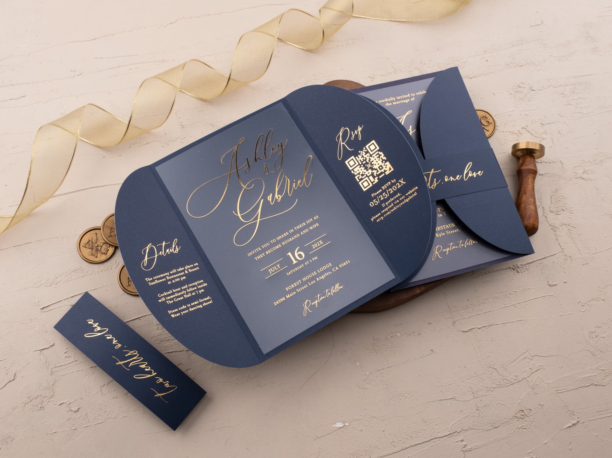 Navy Acrylic Wedding Invitation with Gold Foil & Curved Jacket
