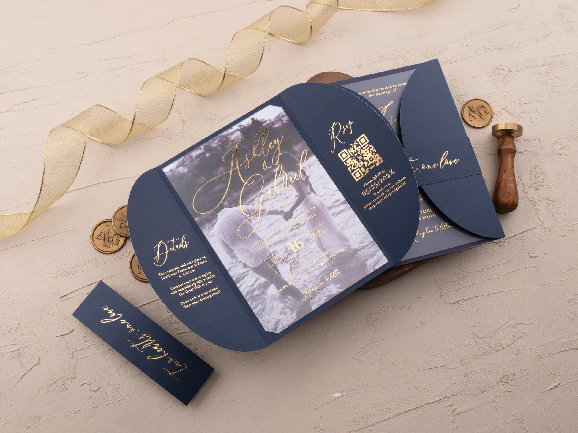 Navy Acrylic Wedding Invitation with Gold Foil & Curved Jacket