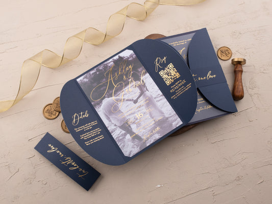 Navy Acrylic Wedding Invitation with Gold Foil & Curved Jacket