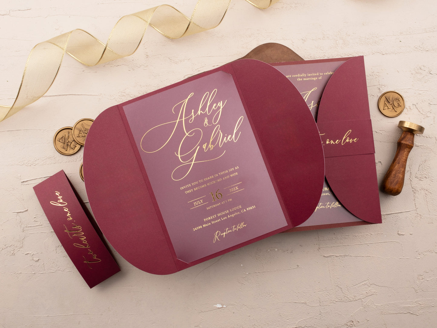 Burgundy Acrylic Wedding Invitation with Gold Foil & Jacket