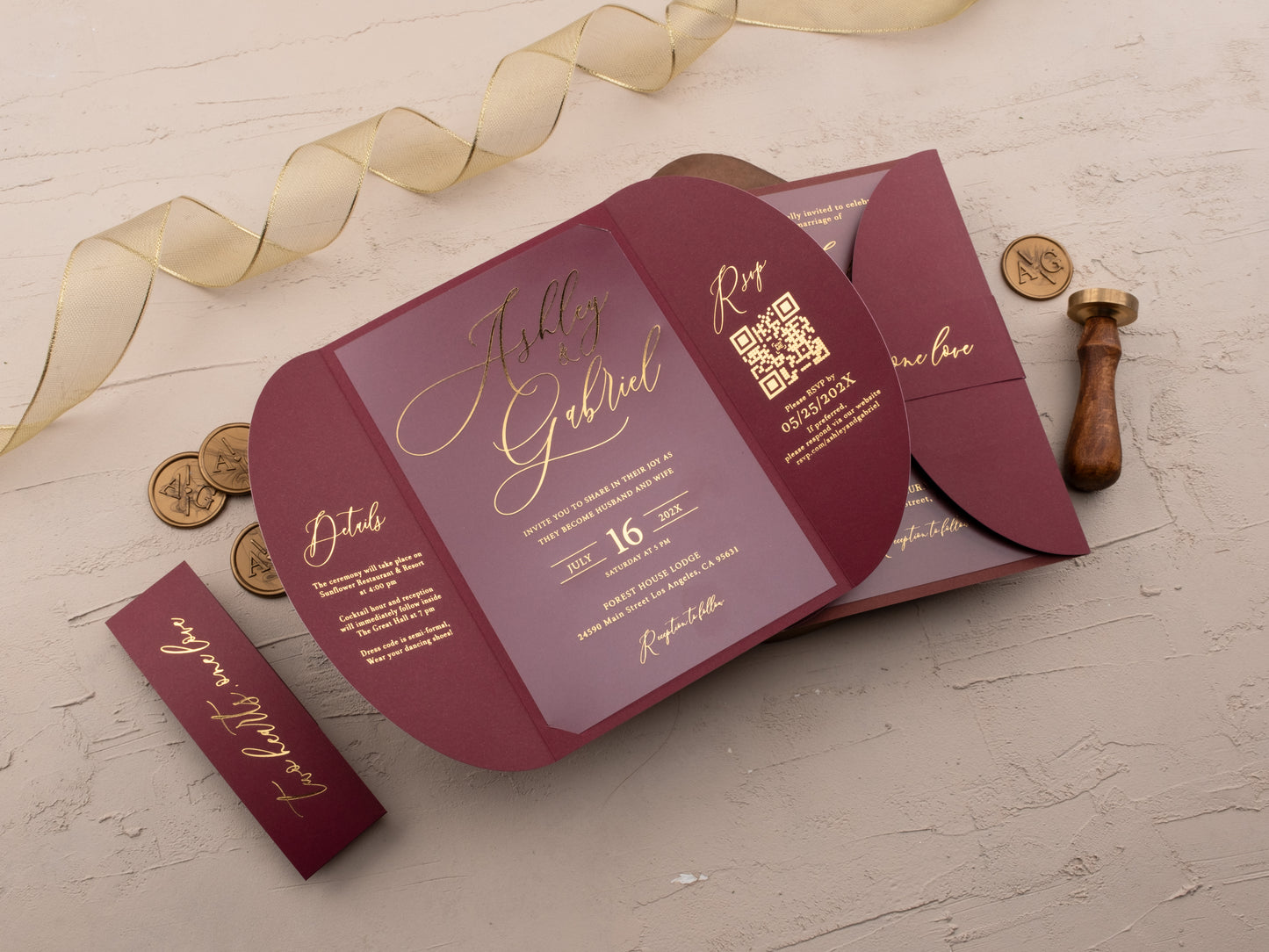 Burgundy Acrylic Wedding Invitation with Gold Foil & Jacket